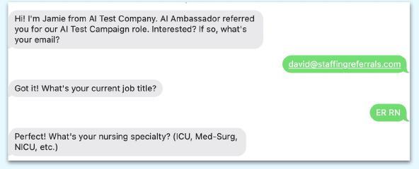 A warehouse worker referring a friend by text message